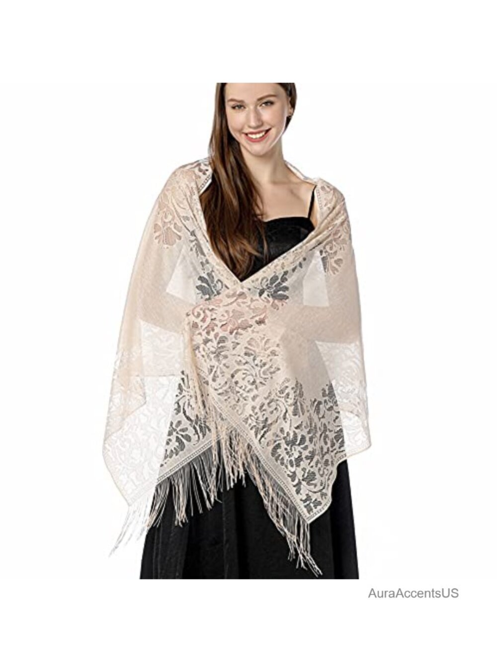 Floral Lace Shawl with Tassels Sheer Wrap for Wedding Evening Party